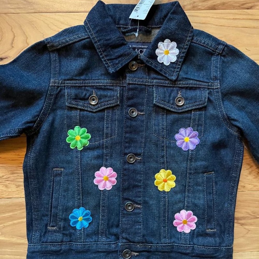 NWT The Childrens Place Blue Jean Jacket, 4T, Flowers Themed Patches & Appliques